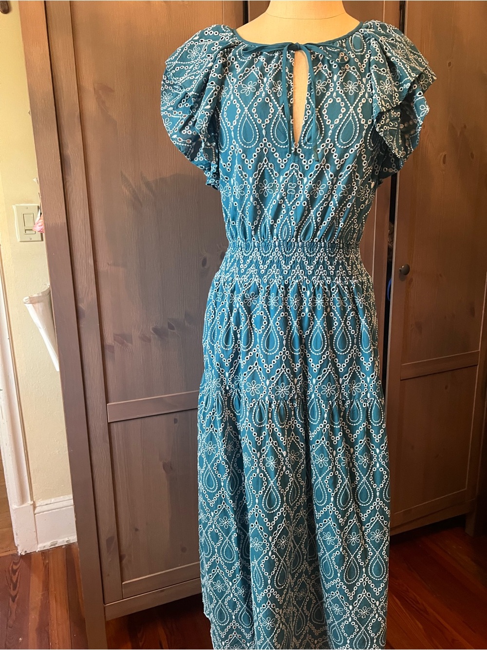Shoshanna Teal and White Printed Midi Dress
